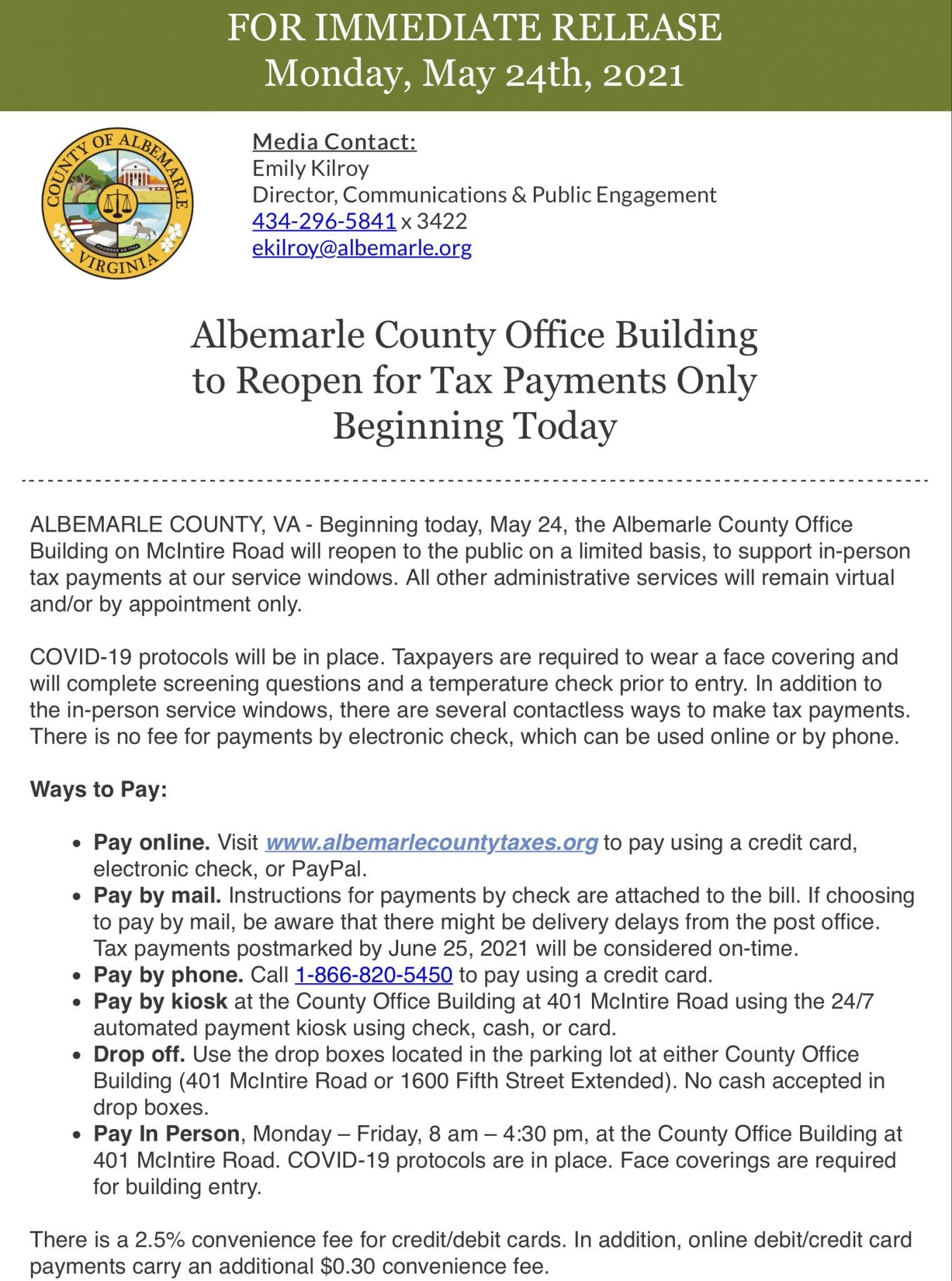 1000 words Albemarle County Office Building reopens! (for tax payments only) The Schilling