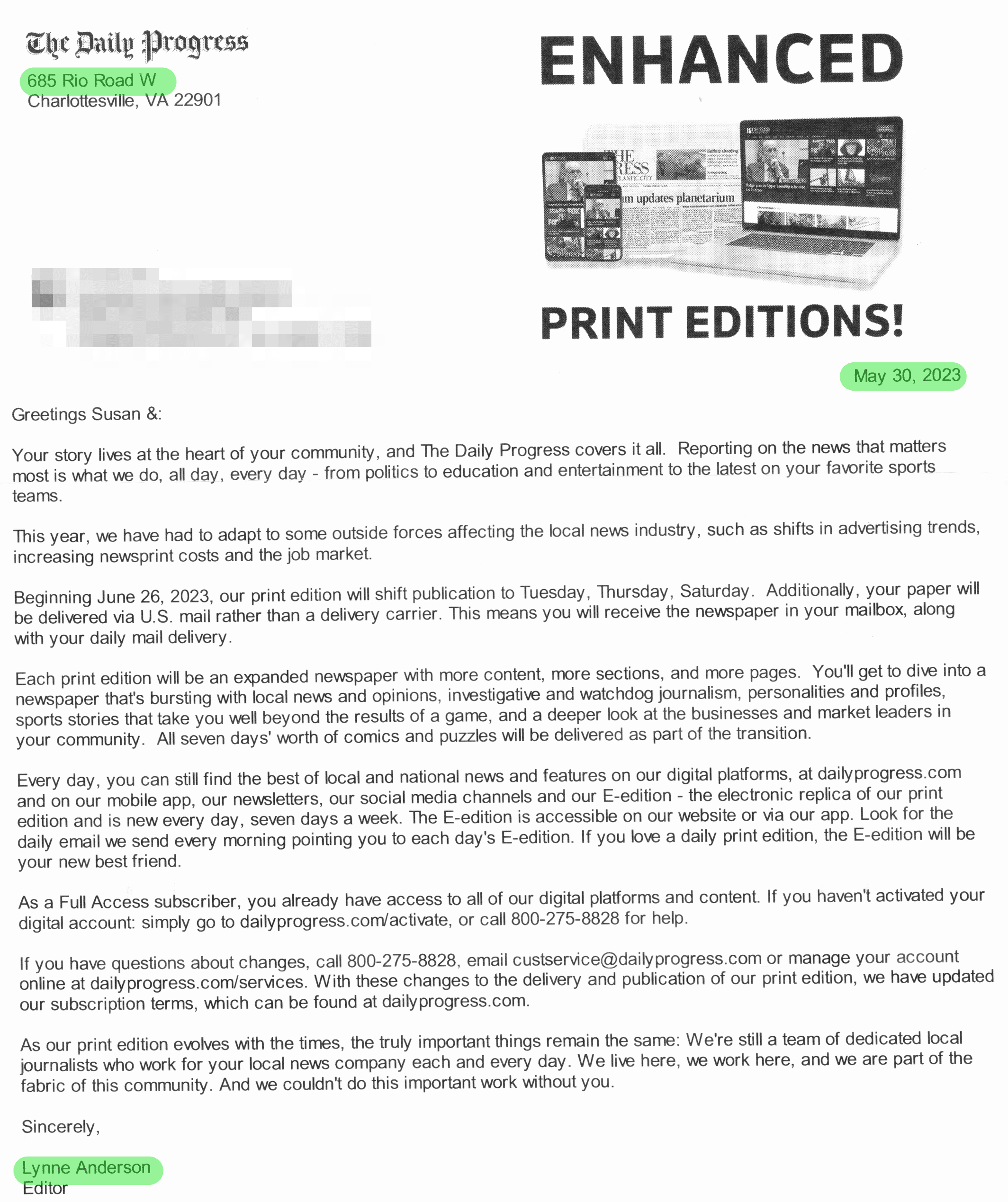 Daily Progress subscription letter