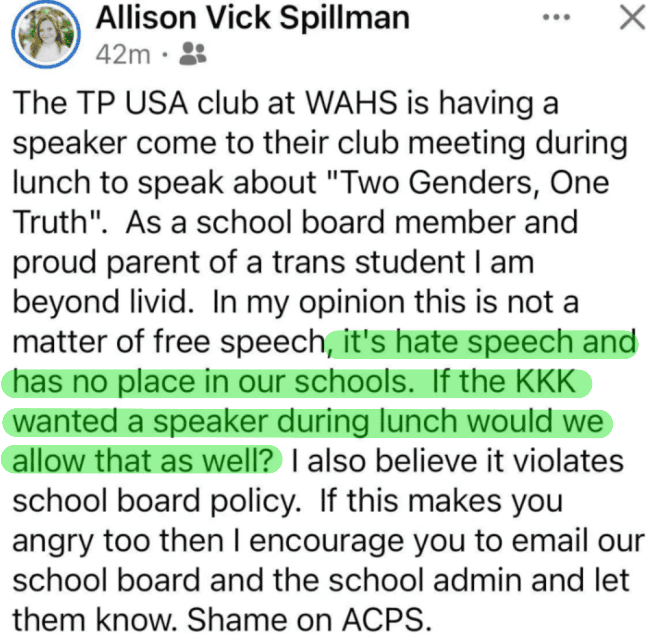 Allison Spillman KKK TPUSA western Albemarle The Schilling Show