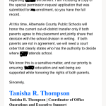 Exhibit H- Email from Tanisha Thompson conditioning enrollment on court order while finally providing the out-of-district enrollment forms