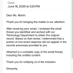 Exhibit K- Email from Jennifer Butler acknowledging the missing email following an IT search